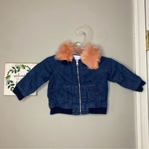 Gymboree Baby Girl Jean Jacket Lined Coat With Removable Pink Fur Collar 6-12M